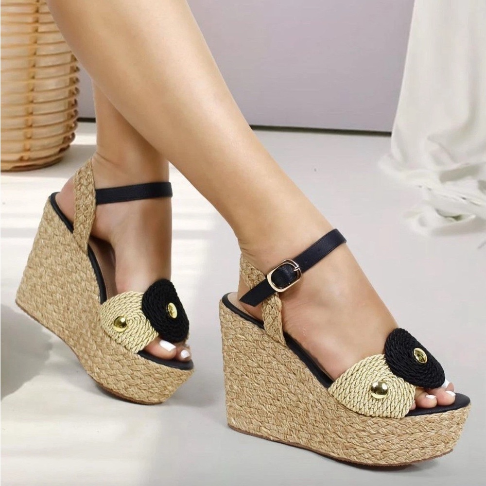Dewoman Espadrille Wedge Sandals Black Beige Rope Platform 4”  Made In Colombia